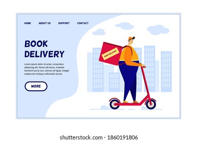 Online bookstore shipping information website page template. A fat courier on an electric scooter delivering books from an online store in special box.Concept for a website for an online book store.