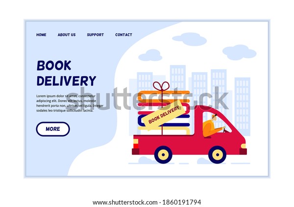 Online bookstore shipping information website page\
template. Courier in A small red truck with a stack of books in the\
back delivers an online order. Concept for a website for an online\
book store.