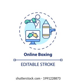 Online boxing concept icon. Remote workout program idea thin line illustration. Balance improvement. Strengthening upper-body and core. Vector isolated outline RGB color drawing. Editable stroke