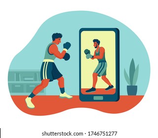 online Boxing training. Two people fight through a smartphone. workout in quarantine at home. vector trend illustration