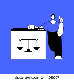 Online Boy lawyer legal consultation. Scenes of law and justice. Lawyer consults the client, the judge knocks with a wooden gavel. Flat vector illustration.