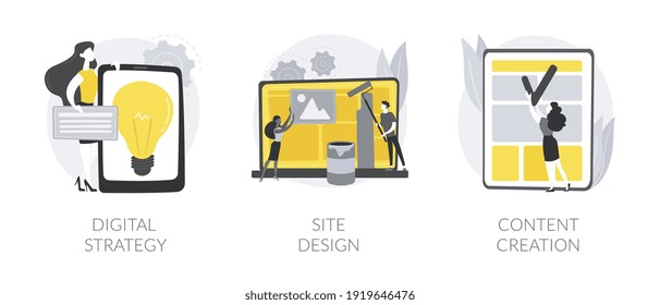 Online brand marketing abstract concept vector illustration set. Digital strategy, site design, content creation, web studio, corporate homepage, internet media analysis, copywrite abstract metaphor.
