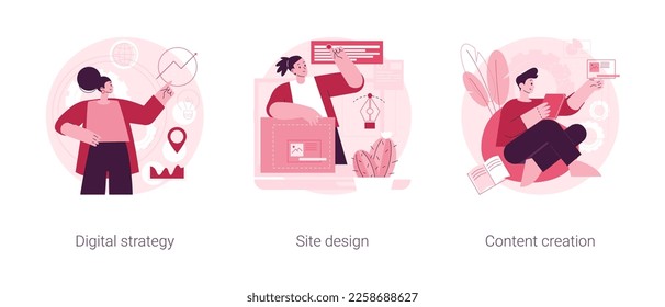Online brand marketing abstract concept vector illustration set. Digital strategy, site design, content creation, web studio, corporate homepage, internet media analysis, copywrite abstract metaphor.
