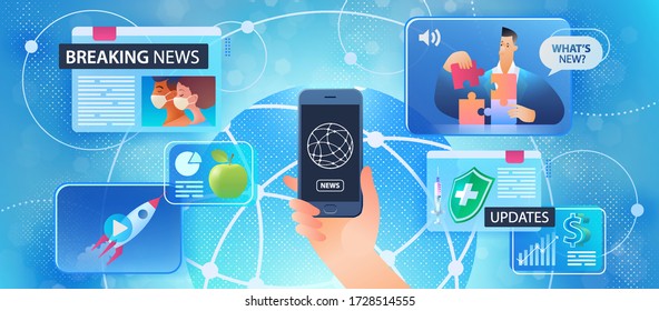 Online breaking news concept. Male hand holding smartphone using to watch around the globe news and daily updates on web page screens. Flat design of smartphone usability. Vector illustration.