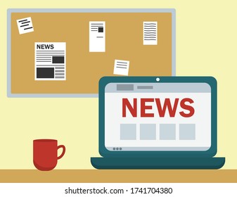 Online breaking news concept vector illustration. Laptop with text news. Note board with notes. Flat illustration. 