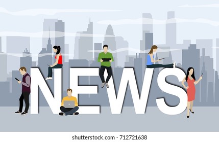 Online breaking news concept vector illustration. Young men and women are standing near big letters and using their own smart phones for reading news. 