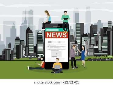 Online breaking news concept vector illustration. Young men and women are standing near big smartphone and using their own smart phones for reading news. Flat concept illustration 