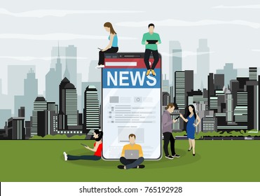 Online breaking news concept vector illustration. Young men and women are standing near big smartphone and using their own smart phones for reading news. Flat concept illustration