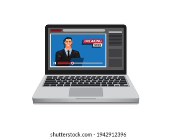 Online Breaking News video streaming on laptop concept in cartoon illustration vector