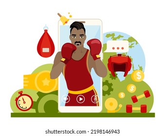 Online broadcast of a boxing match. Young african american boxer on phone screen wearing gloves. Remote virtual viewing of a sporting event. Flat vector illustration.