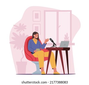 Online Broadcast Concept. Dj Female Character Record Podcast at Home, Woman Sitting at Desk with Microphones and Laptop with Coffee Cup Speaking, Telling Virtual Stories. Cartoon Vector Illustration