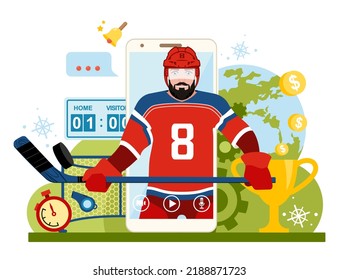 Online broadcast of the hockey match. Young bearded hockey player on the screen of the phone with a stick in his hands. Remote virtual viewing of a sporting event. Flat vector illustration.