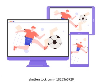 Online broadcast of soccer. Watching sports on different devices computer, tablet, smartphone. Male player on device screens. Vector flat illustration.