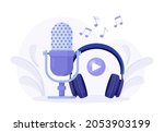 Online broadcasting concept. Audio recording. Sound recording equipment, microphones, headset. Headphones with microphone. Music earphones. Vector illustration