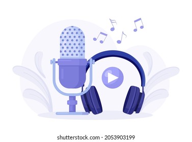 Online Broadcasting Concept. Audio Recording. Sound Recording Equipment, Microphones, Headset. Headphones With Microphone. Music Earphones. Vector Illustration