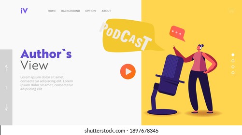 Online Broadcasting, Livestream, Radio Webcast. Landing Page Template. Tiny Female Character in Headset Speaking at Huge Microphone Conducting Audioprogram, Podcast. Cartoon Vector Illustration