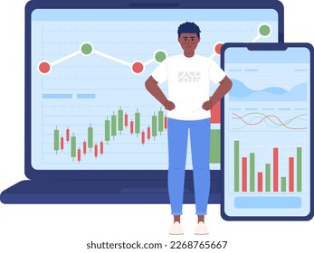 Online broker using different investing platforms flat concept vector spot illustration. Editable 2D cartoon character on white for web design. Creative idea for website, mobile, magazine