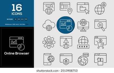 Online Browser set of outline icons related to analysis, infographic, analytics. Editable stroke. Vector illustration.