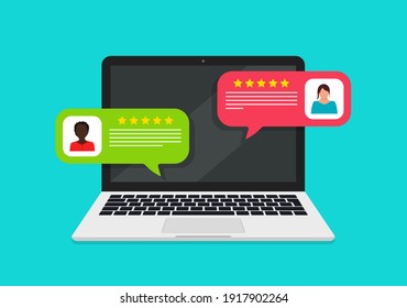 Online bubble chat with review and feedback of customer. Reputation and rating in laptop. Opinion and feedback of user. Profile with experience and rating on computer in website. Social icon. Vector.