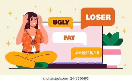 Online bullying concept. Woman sitting in otus position near laptop. Communication in social networks and messengers. Negative feelings and emotions, bad mood. Cartoon flat vector illustration