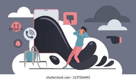 Online bullying, mobbing and harassment crime. Dirty hate wave of abuse and violence flowing from mobile phone screen to depressed victim flat vector illustration. Cyberbullying problem concept