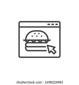 Online burger ordering line icon. Food delivery service linear style sign for mobile concept and web design. Website page with hamburger outline vector icon. Symbol, logo illustration. Vector graphics