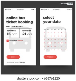Online Bus Ticket Booking Get Low Fares UI UX Screen Design for Mobile Phones With Calendar