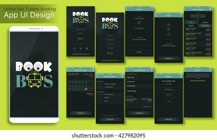 Online Bus Tickets Booking Mobile App UI, UX and GUI Screens Sign In, Sign Up, Search, Select Seat, Booking Details and Payment Option features for responsive websites and e-commerce business concept.