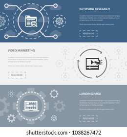 Online business 3 horizontal webpage banners template with keyword research, video marketing, landing page concept. Flat modern isolated icons illustration.