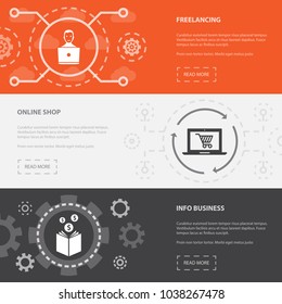 Online business 3 horizontal webpage banners template with freelancing, online shop, info business concept. Flat modern isolated icons illustration.