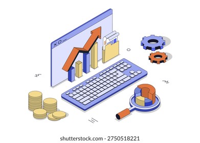Online business 3d isometric concept in isometry design for web. Analyzing digital invoices and reports, making marketing strategy, planning finance strategy and investments. Vector illustration.