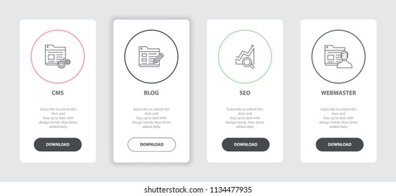 Online business 4 webpage banners line concept template with CMS, blog, SEO, webmaster icons. Modern web UI design concept