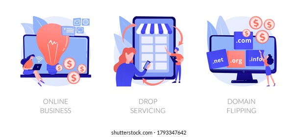 Online business abstract concept vector illustration set. Drop servicing, domain flipping, business opportunity, outsource, drop shipping, web hosting, social media sales, promotion abstract metaphor.