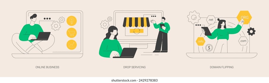 Online business abstract concept vector illustration set. Drop servicing, domain flipping, business opportunity, outsource, drop shipping, web hosting, social media sales, promotion abstract metaphor.