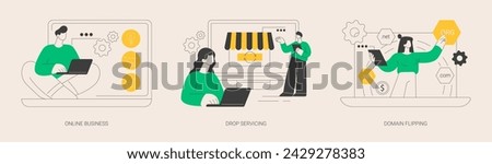 Online business abstract concept vector illustration set. Drop servicing, domain flipping, business opportunity, outsource, drop shipping, web hosting, social media sales, promotion abstract metaphor.