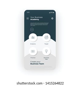Online business academy UI, UX, GUI screen for mobile apps design. Modern responsive user interface design of mobile applications. Business trainings screen with analytics, target, finance elements