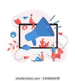 Online Business Advertising Promotion. Big Megaphone and Business icon. Advertisement Marketing Concept. Vector illustration