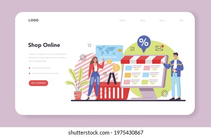 Online business advertsing web banner or landing page. Commercial advertisement and communication with customer idea. Product marketing campaign and delivery. Isolated flat vector illustration