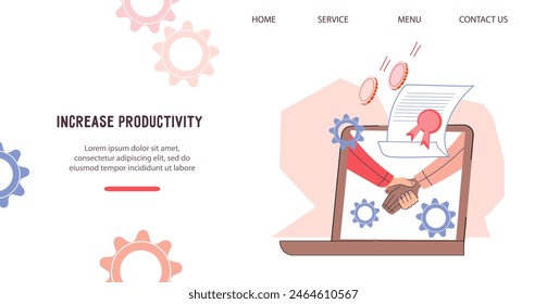 Online business advice, business training and partnership conclusion. Online contract, successful cooperation and sign document, website banner vector template.