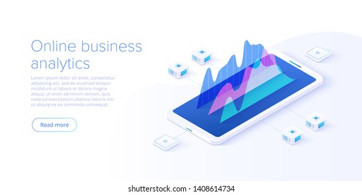 Online business analysis strategy isometric vector illustration. Data analytics for company marketing solutions or financial performance. Budget accounting or statistics concept.