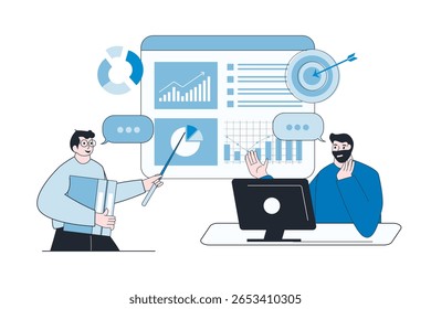Online business analytics concept team of employees brainstorming on data analysis.