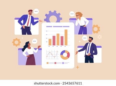 Online Business Analytics Concept. Vector illustration of diverse people in web page windows discussing statistical graphs. Isolated on background