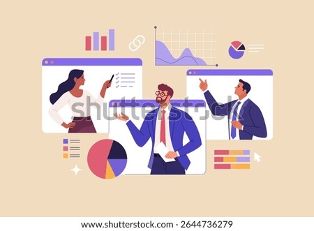 Online Business Analytics Concept. Vector illustration of diverse people in web page windows discussing statistical graphs. Isolated on background.