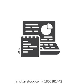 Online business analytics vector icon. filled flat sign for mobile concept and web design. Laptop with business statistics glyph icon. Symbol, logo illustration. Vector graphics