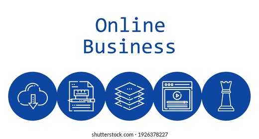 online business background concept with online business icons. Icons related contract, layers, video, cloud computing, chess piece