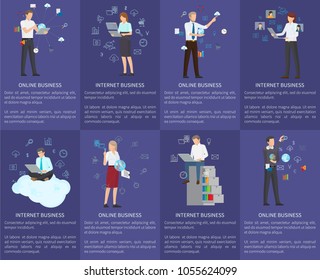 Online business big collection with text sample and headlines, people and icons set, workers and business, vector illustration isolated on purple
