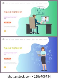Online business, boss speaking to freelancers via computer vector. Meeting with worker in internet, businesswoman working on laptop, financial data. Website template, landing page in flat style