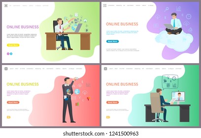 Online business, businessman working with laptops boss at job vector. Leader of company interacting with data, globe cogwheel, cloud and conference
