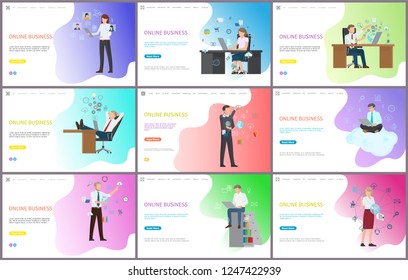 Online business, businessman at workplace with PC vector. Businesswoman interacting with social worldwide global network, searching for information