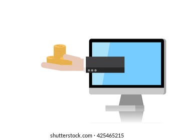 Online business by computer. Money transaction online. Hand giving money. Financial freedom. Money is everywhere. Flat design business financial marketing advertisement  concept cartoon illustration.